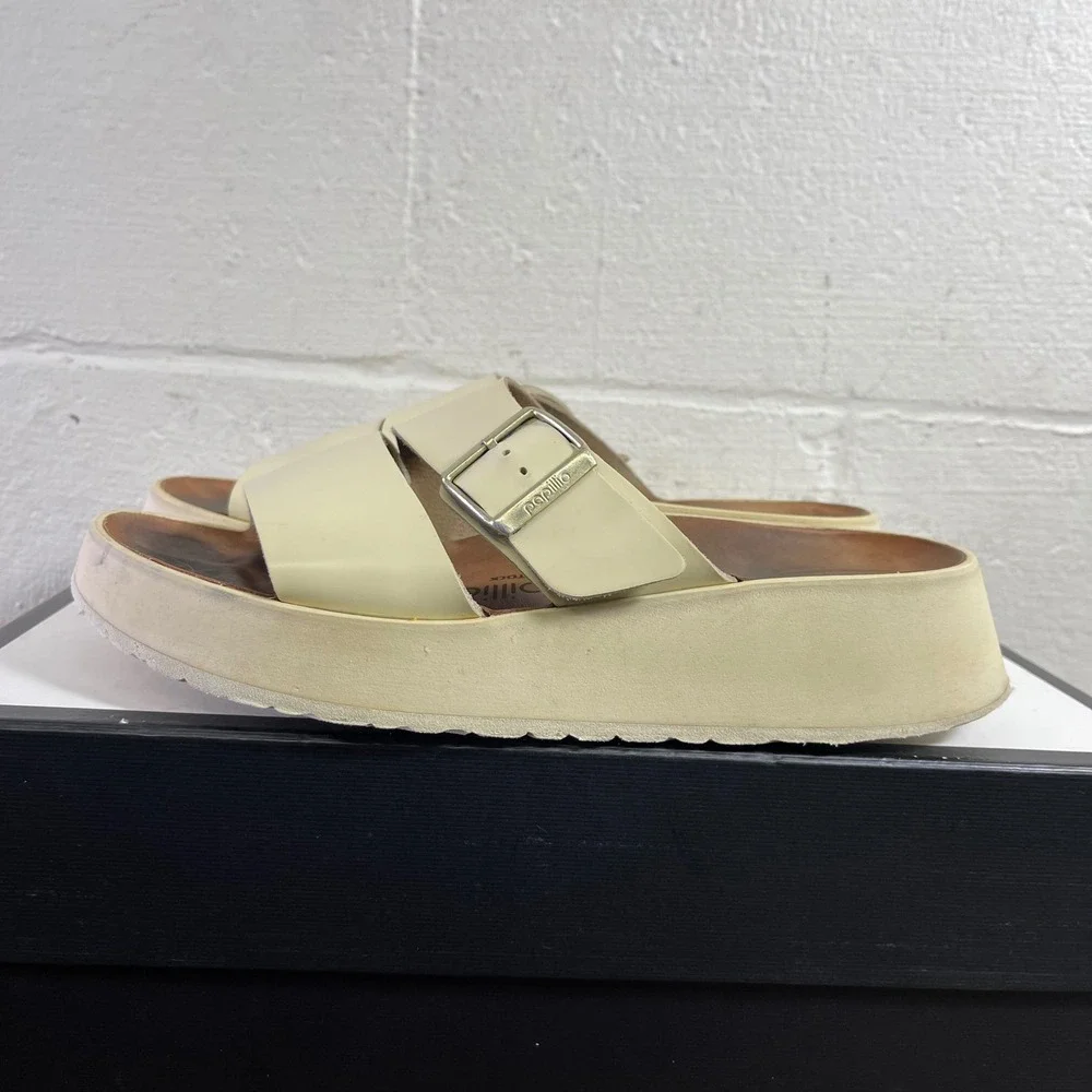 Birkenstock Papillio Almina Platform Sandal‎ Ecru Ivory Leather Women 40 EU/9 US